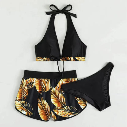 Women 2024 New Bikinis 6 Colors Sexy Halter Bikini 3 Piece Set Leafs Print High Waisted Swimsuit Beach Bathing Suit Size S-XXL