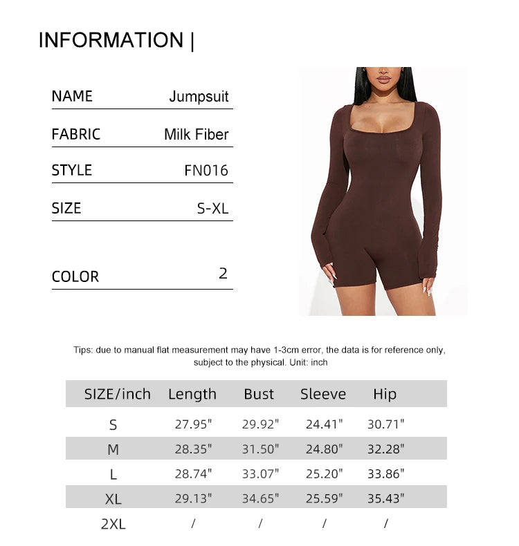 2024 Spring and Summer New Fashion Women's Long Sleeve Jumpsuit Shorts  Long Sleeve Sexy Slim Jumpsuit U Neck Jumpsuit