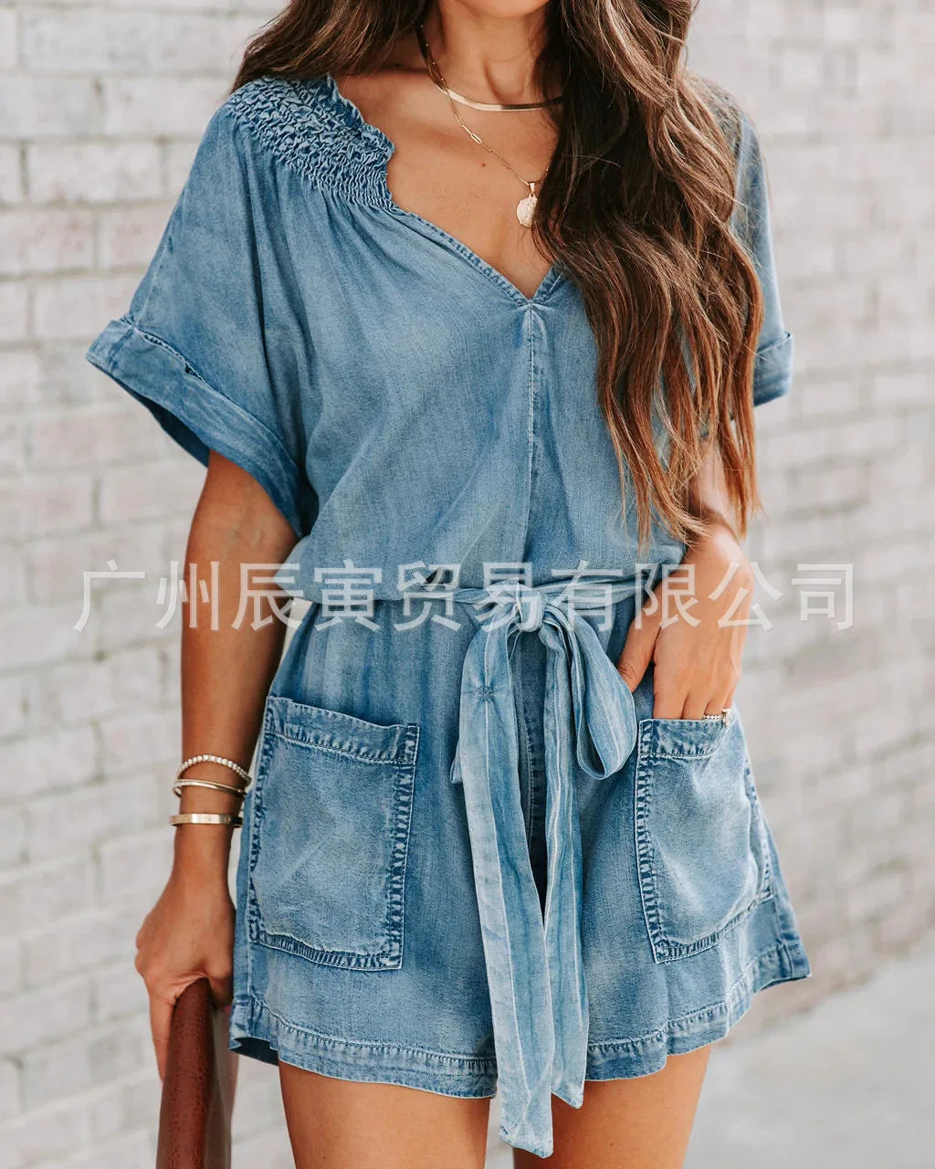 One Piece Jeans Stretch Jumpsuits Women V Neck Short Sleeve Solid Denim Casual Rompers Ladies Lace Up Playsuits Pockets