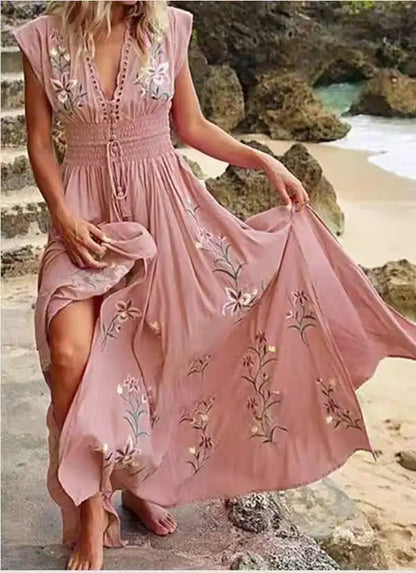 2024 New Summer Women's Deep V-neck Beach Bohemian Print Dress Ladies Sleeveless Sexy High Waist Lace-up Holiday Maxi Dress