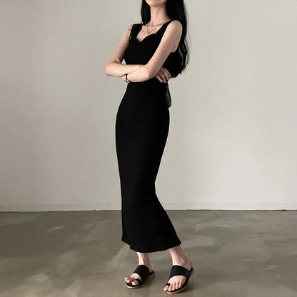 CIBBAR Basic Knit Long Dress Korean Fashion Square Collar Sleeveless Women's Dresses Summer Casual Y2k Vintage All-match Outftis