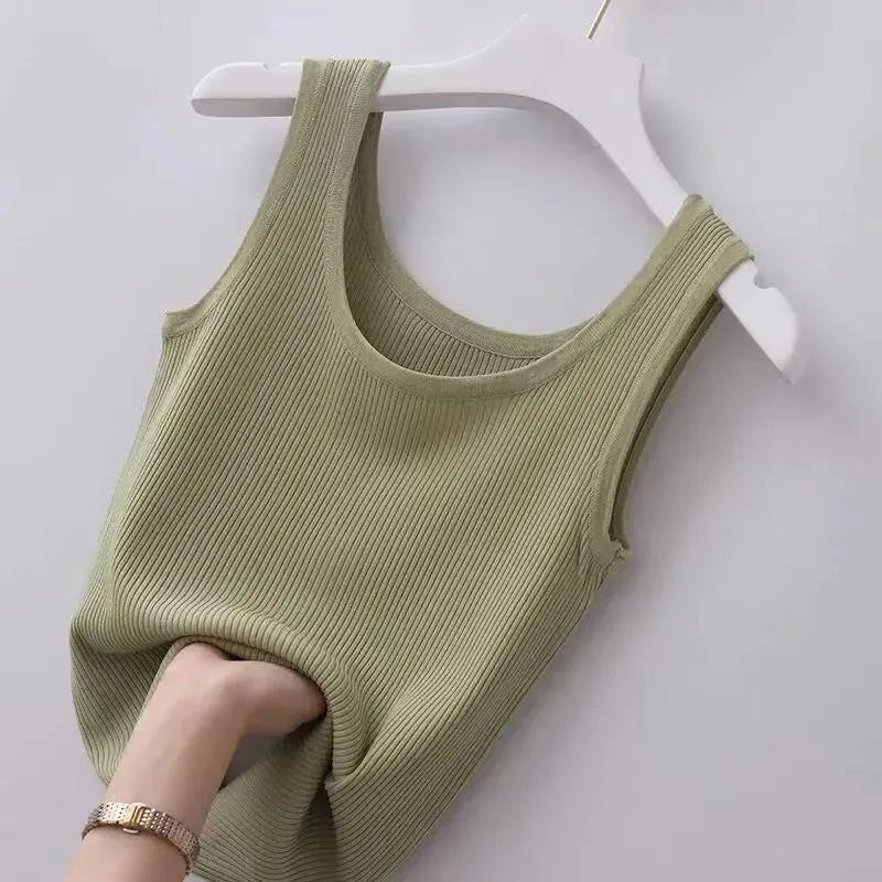 Summer Knit Vest Top sexy Sleeveless O Neck Women Camisole Pure Color Black White t-shirt Solid Color Slim Tank Top Camis Tees