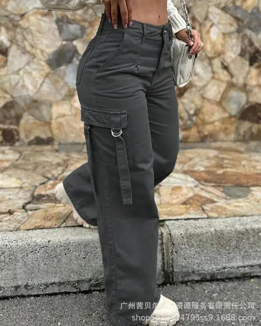 Pocket Design High Waist Cargo Pants Women Solid Color Summer Spring Pants Safari