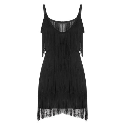 Women Sexy Tassel Latin Dress Tiered Fringe Flapper Dress Evening Nightclub Dancing Fancy Costumes C-Neck Dress For Women