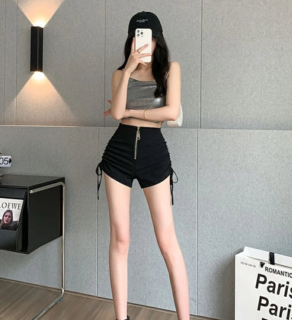 Korean Drawstring Sexy Shorts Women Harajuku Zipper Lace-Up Yoga High Waist Pants Sports Running Skinny Streetwear Shorts