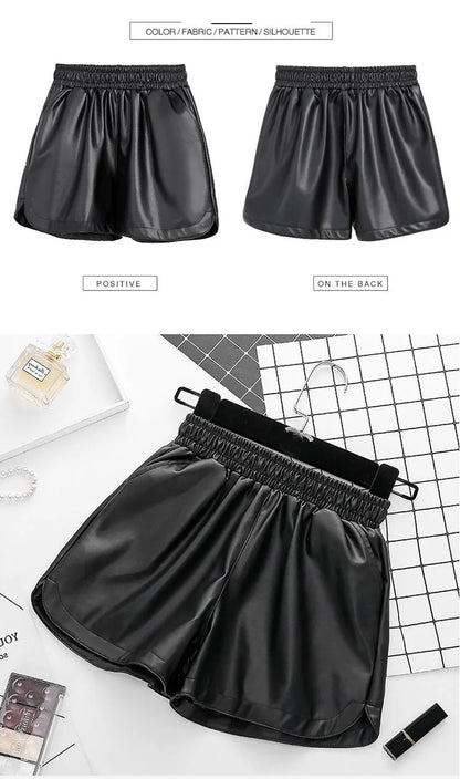 2023 Women Black PU Leather Shorts High Waist Wide Leg Faux Leather Short High Quality Winter Loose PU Shorts 3XL