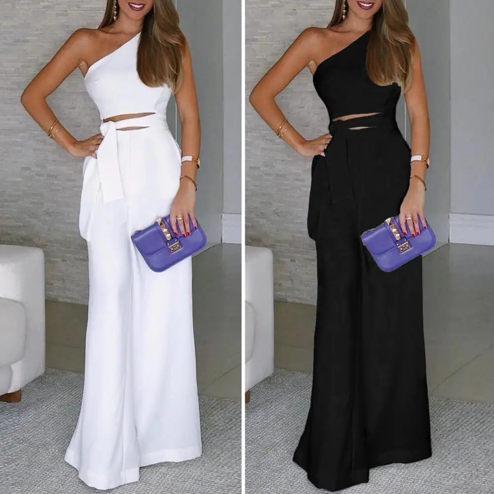 Women Jumpsuit One Shoulder Solid Color Sleeveless Slant Neck Hollow Out High Waist Wide Leg Lace-up OL Commute Style Floor Leng