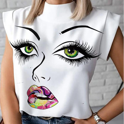 Fashion Women Elegant Lips Print Tops and Blouse Shirts 2024 Summer Ladies Office Casual Stand Neck Pullovers Eye Blusa Tops