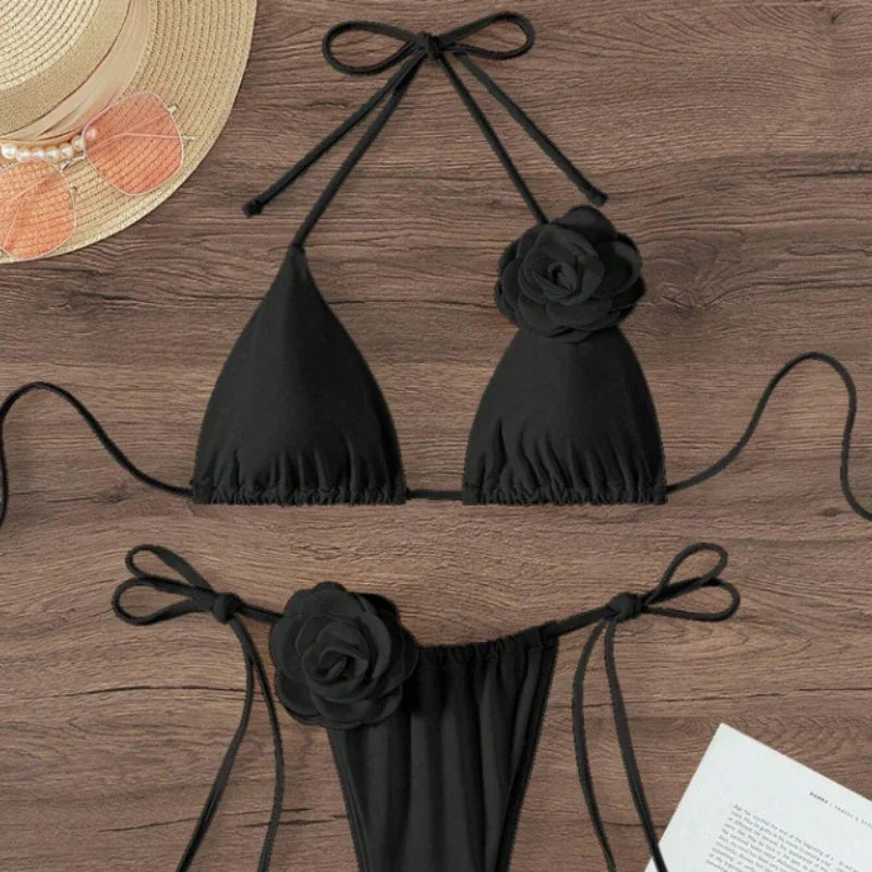 S - L Sexy 3D Flowers Halter Strappy Bikini Women Swimwear Female Swimsuit Two-pieces Bikini Set Bather Bathing Suit Swim