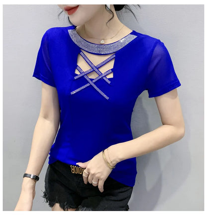 Girls Fake Diamonds O Neck T Shirts Crossed Hollow Out Summer Mesh Tops Lady Stretchy Slim Short Sleeve Chic Tshirt BH5067