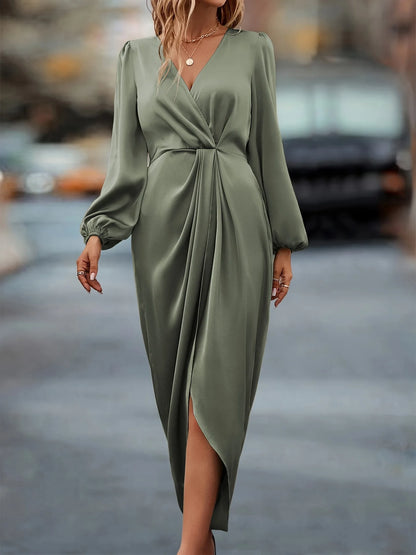 New Elegant Women's Maxi Dress With Cross Neckline Folded Pleats Slit Bubble Sleeves Irregular Long Sleeves Dress  Autumn 2024