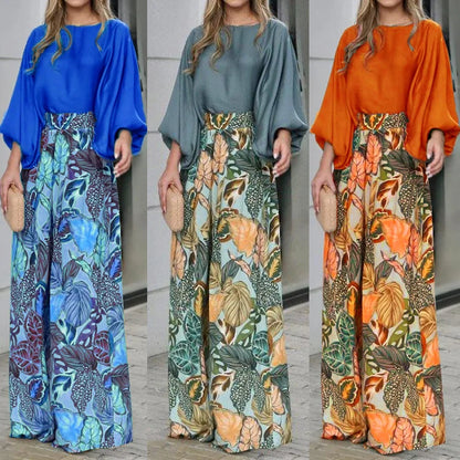 2024 Summer New Women's Clothing Set Lantern Sleeves Loose Top Printed Wide Leg Pants Two Piece Set Casual Ladies Trouser Outfit