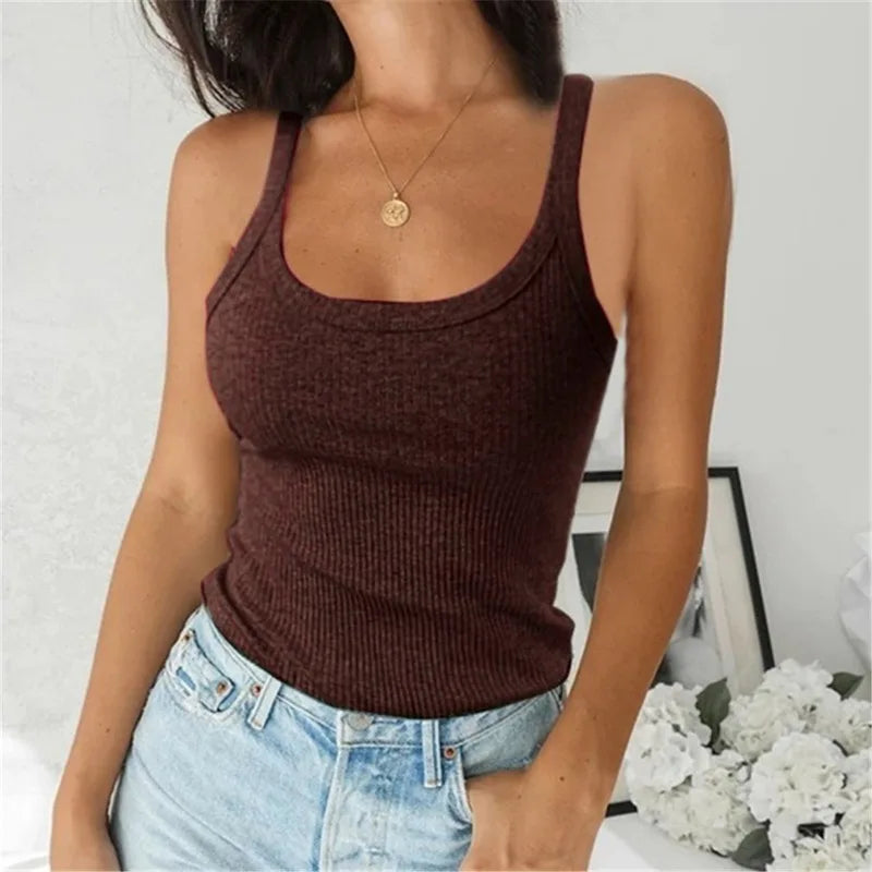 O Neck Summer Knit Vest Sleeveless Women Sexy Basic T Shirt White Off Shoulder Ribbed Black Tank Tops Casual