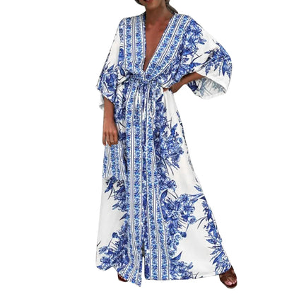 2024 Boho Print Half Sleeve Long Dress Women Fashion Japanese Kimono Lace-Up Robe Summer Sundress Holiday Beach Dress Vestidos