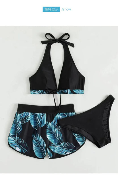 Women 2024 New Bikinis 6 Colors Sexy Halter Bikini 3 Piece Set Leafs Print High Waisted Swimsuit Beach Bathing Suit Size S-XXL