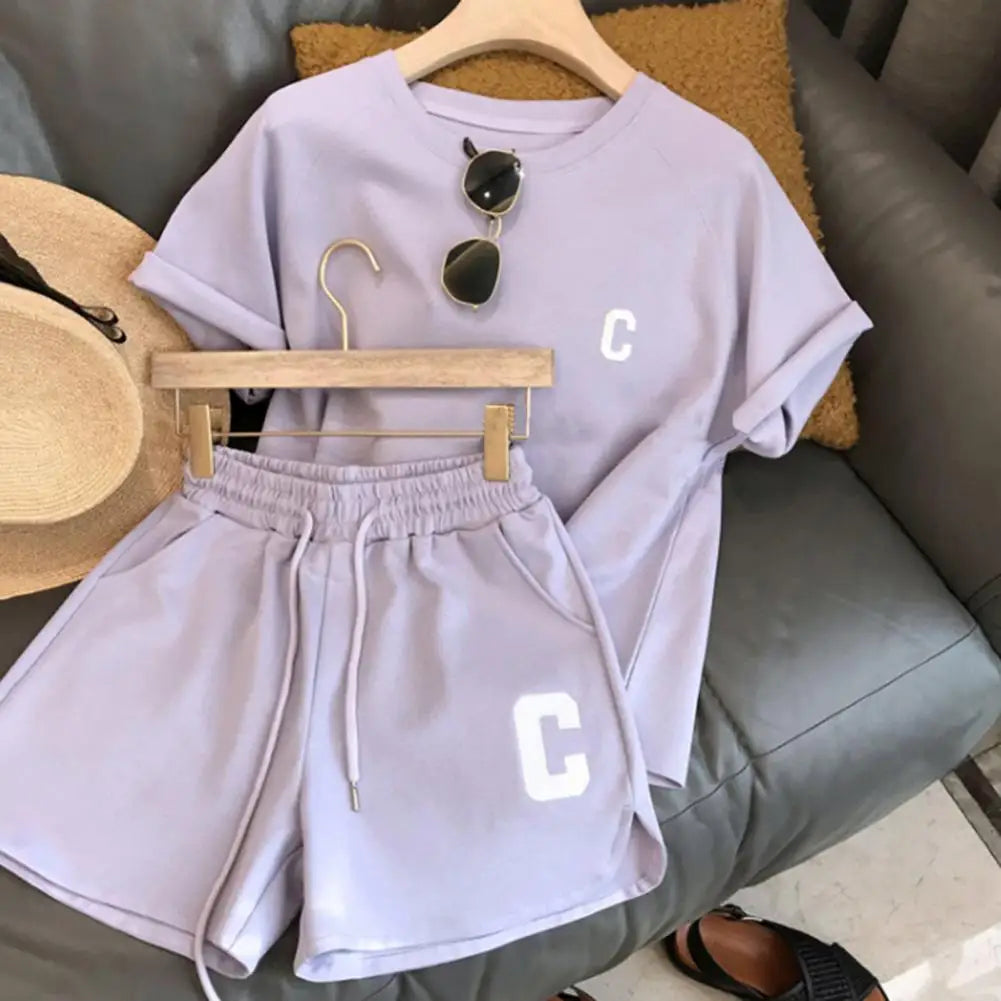 2 Pcs/Set Summer Women Tracksuit Pure Color Letter Print O Neck Top Shorts Set Short Sleeve Drawstring Elastic Waist Lady Outfit