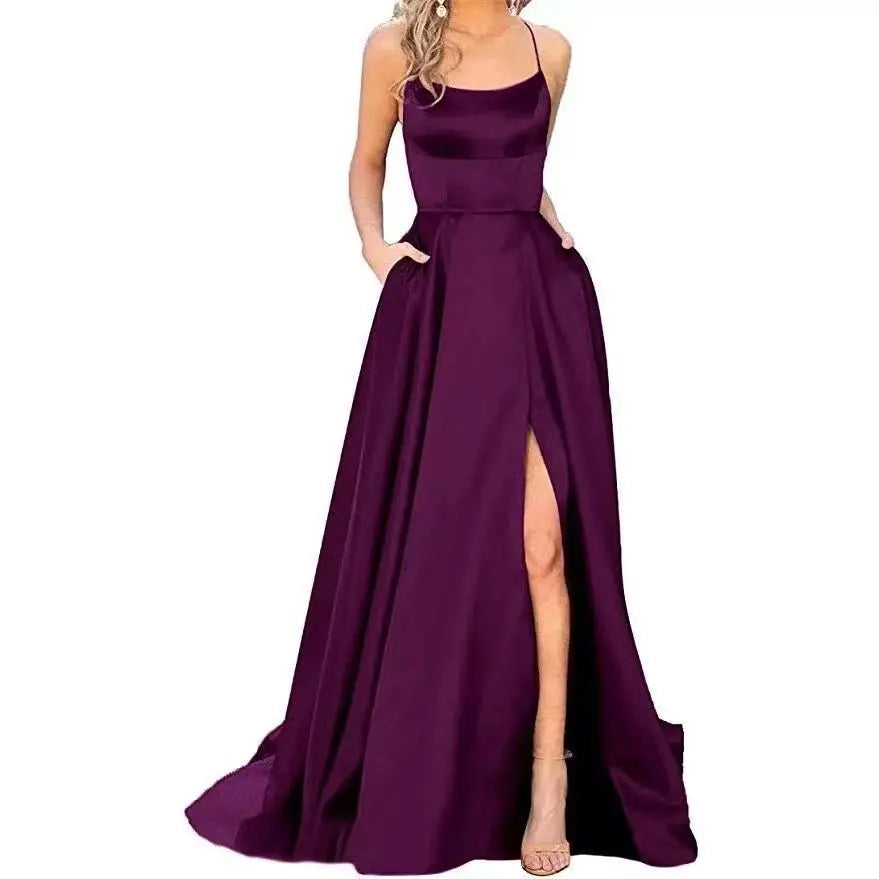 Women's Banquet Slit Long Dress 2024 New Bridesmaid Dress With Small Tail Suspender Solid Color Banquet Evening Dress Long Dress