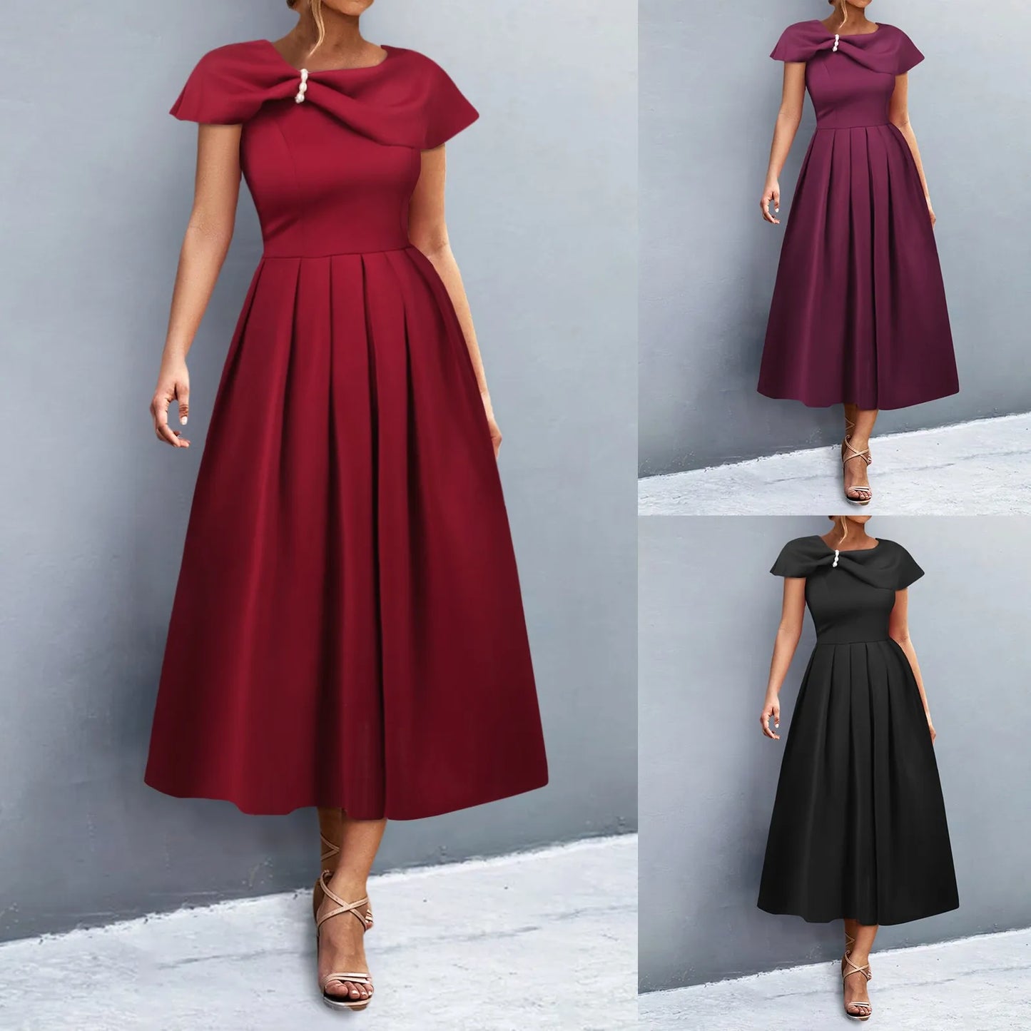 Elegant Dress Asymmetrical Shoulder Strap Slim High Waist Pleated Solid Color Women's Dress 2024 Spring New Fashion Dresses