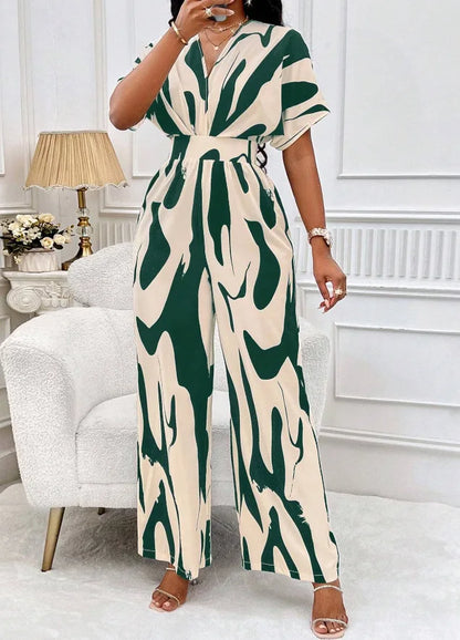 Sexy sleeveless women's V-neck jumpsuit, elegant suit with tight fitting print, one-piece, suitable for spring/summer 2024