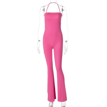 Hugcitar 2024 Spring Halter Solid Sleeveless Backless Sexy Bodycon Flare Pants Jumpsuit Women Casual Rompers Streetwear Festival