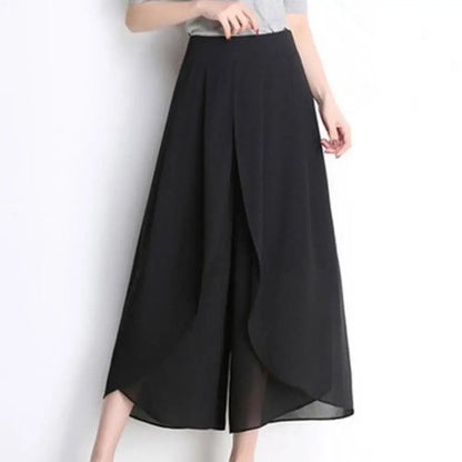 Women Skirt Pants See-through Chiffon Double Layers Split Hem High Elastic Waist Loose Wide Leg Mid-calf Length Cropped Pants