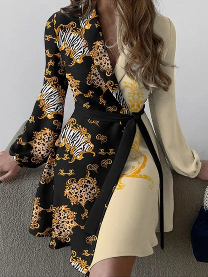 Fashion Floral Print Colorblock Tied Detail Work Dress For Women 2023 Autumn Long Sleeve V Neck Elegant Dresses Robe Femme