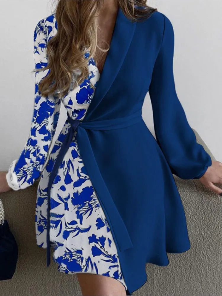 Fashion Floral Print Colorblock Tied Detail Work Dress For Women 2023 Autumn Long Sleeve V Neck Elegant Dresses Robe Femme