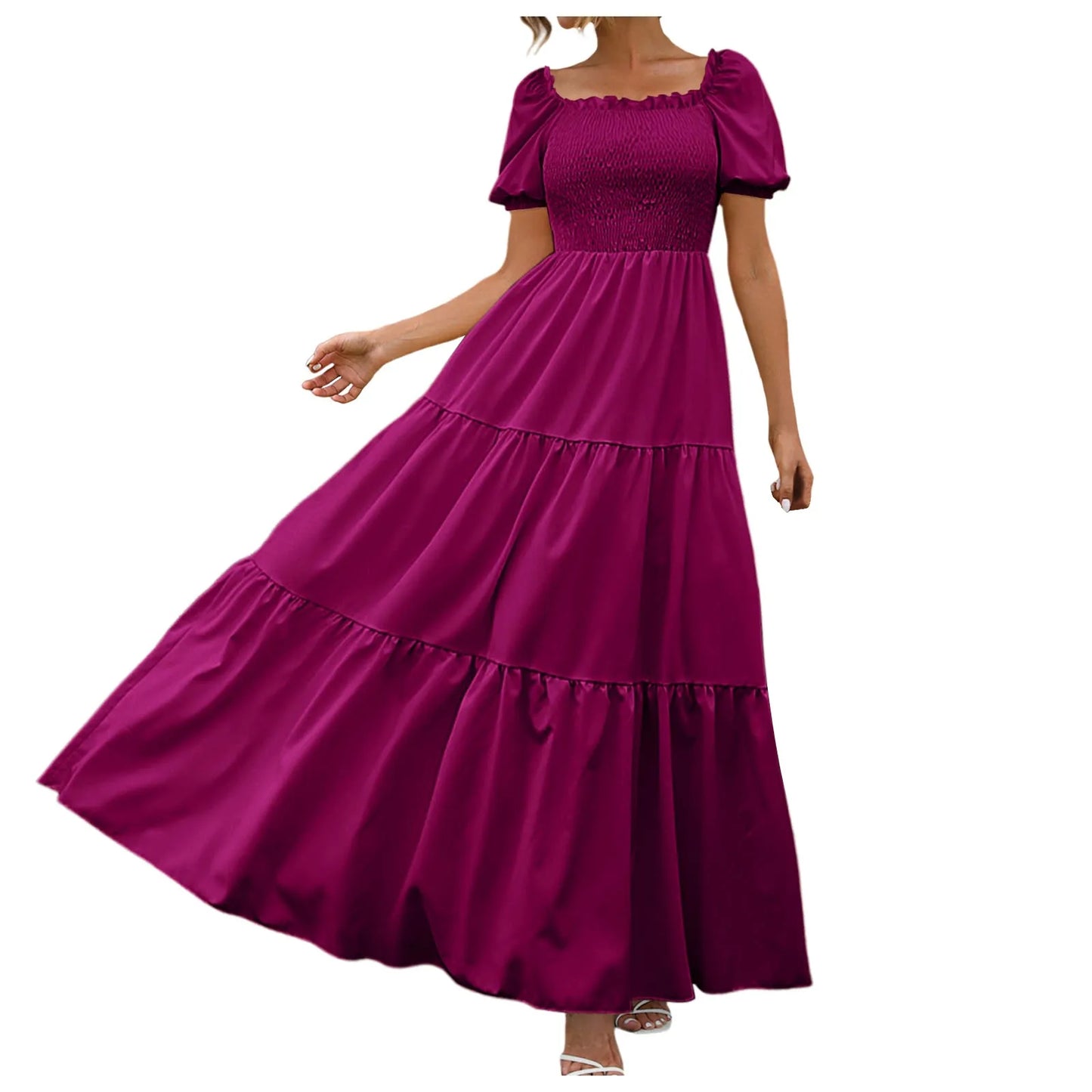 Women's Boho Loose Long Dress Crew Neck Short Sleeve Ruffle Hem A Line Flowy Maxi Dresses Female Summer Casual Holiday Dress