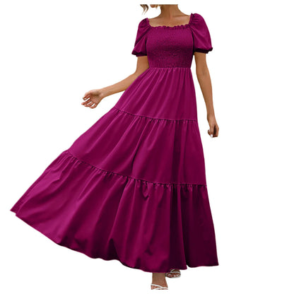 Women's Boho Loose Long Dress Crew Neck Short Sleeve Ruffle Hem A Line Flowy Maxi Dresses Female Summer Casual Holiday Dress