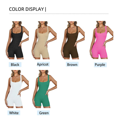 Women's Camisole Square Neck Tight Top Belly Stretch Shorts Jumpsuit Solid Color One Piece Sports Tank Top Tight Pants