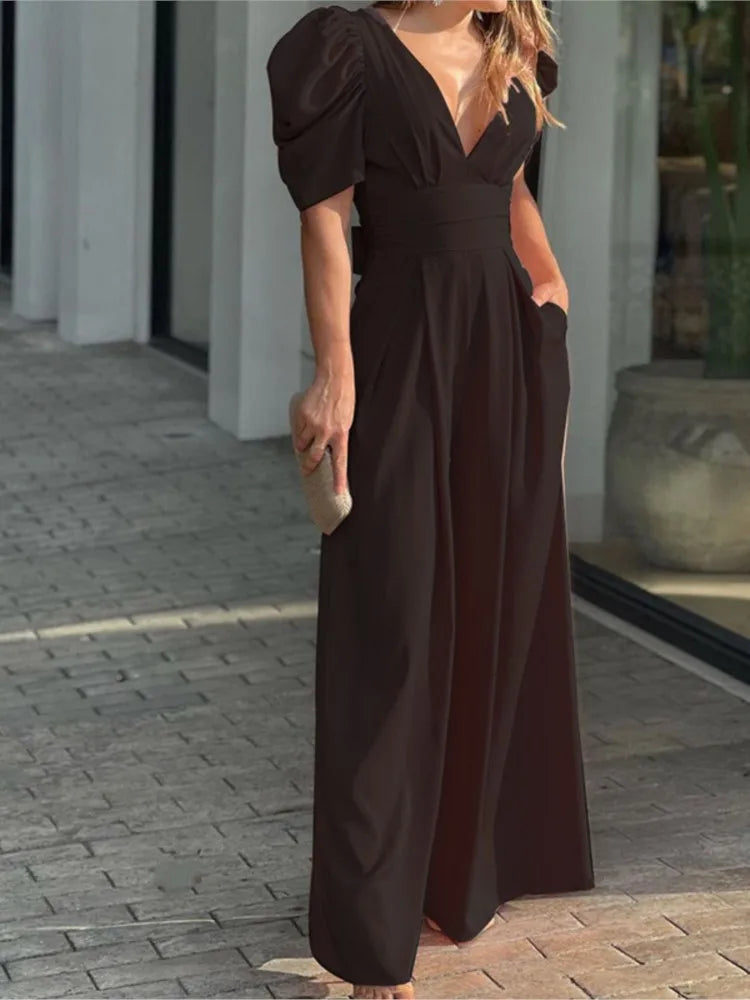 Women's Solid Color Short Sleeved Jumpsuit With V-neck Backless Waisted 2023 Elegant Casual Fashion Women's Wide Leg Jumpsuit