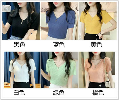 Korean Fashion Temperament Simple Summer Thin Ice Silk Short Sleeve T-shirt Women's Solid V-neck Patchwork Button Loose Knit Top