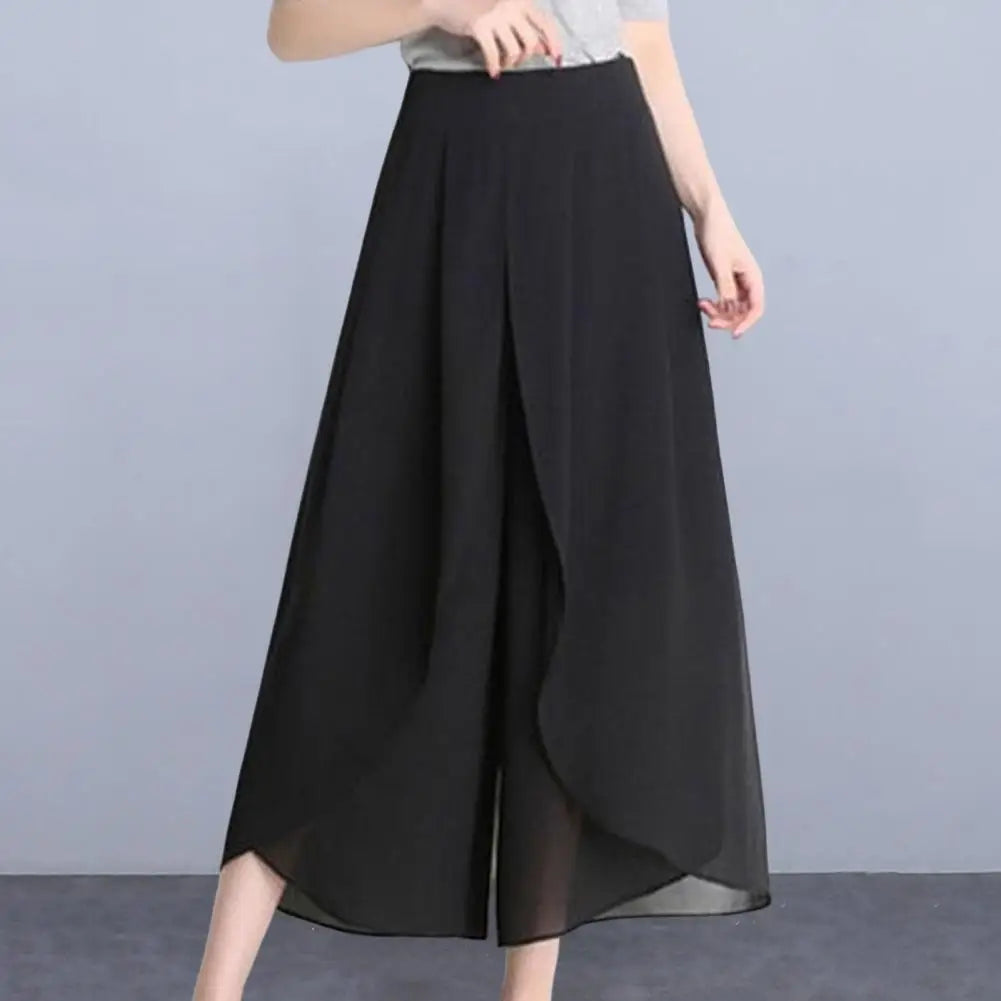 Women Skirt Pants See-through Chiffon Double Layers Split Hem High Elastic Waist Loose Wide Leg Mid-calf Length Cropped Pants