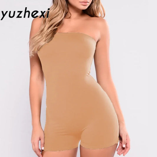 YUZHEXI Strapless Bodycon Playsuit Solid Khaki Women Fleece Off Shoulder Short Jumpsuit Casual Streetwear Slim Body Suit Y2K