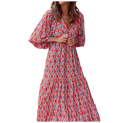 Fashion Women Print Dress Summer Loose Boho Dress Casual Elegant Short Sleeve Beach Party Dresses For Woman Robe Femme 2024 New