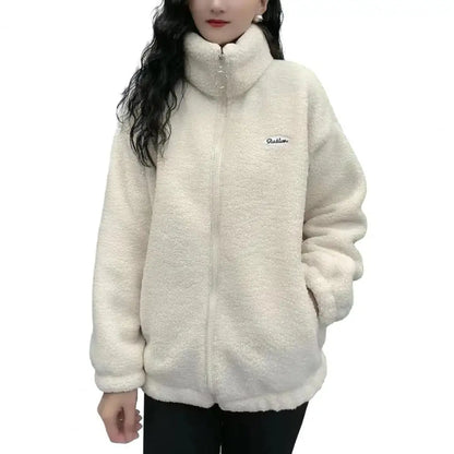 Fleece Fluffy Jacket Streetwear Harajuku Zipper Coat Woman Lightweight Jacket Autumn Winter Plush Warm Jacket Splice Coat