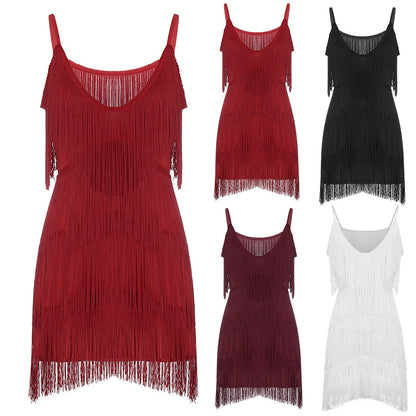 Women Sexy Tassel Latin Dress Tiered Fringe Flapper Dress Evening Nightclub Dancing Fancy Costumes C-Neck Dress For Women