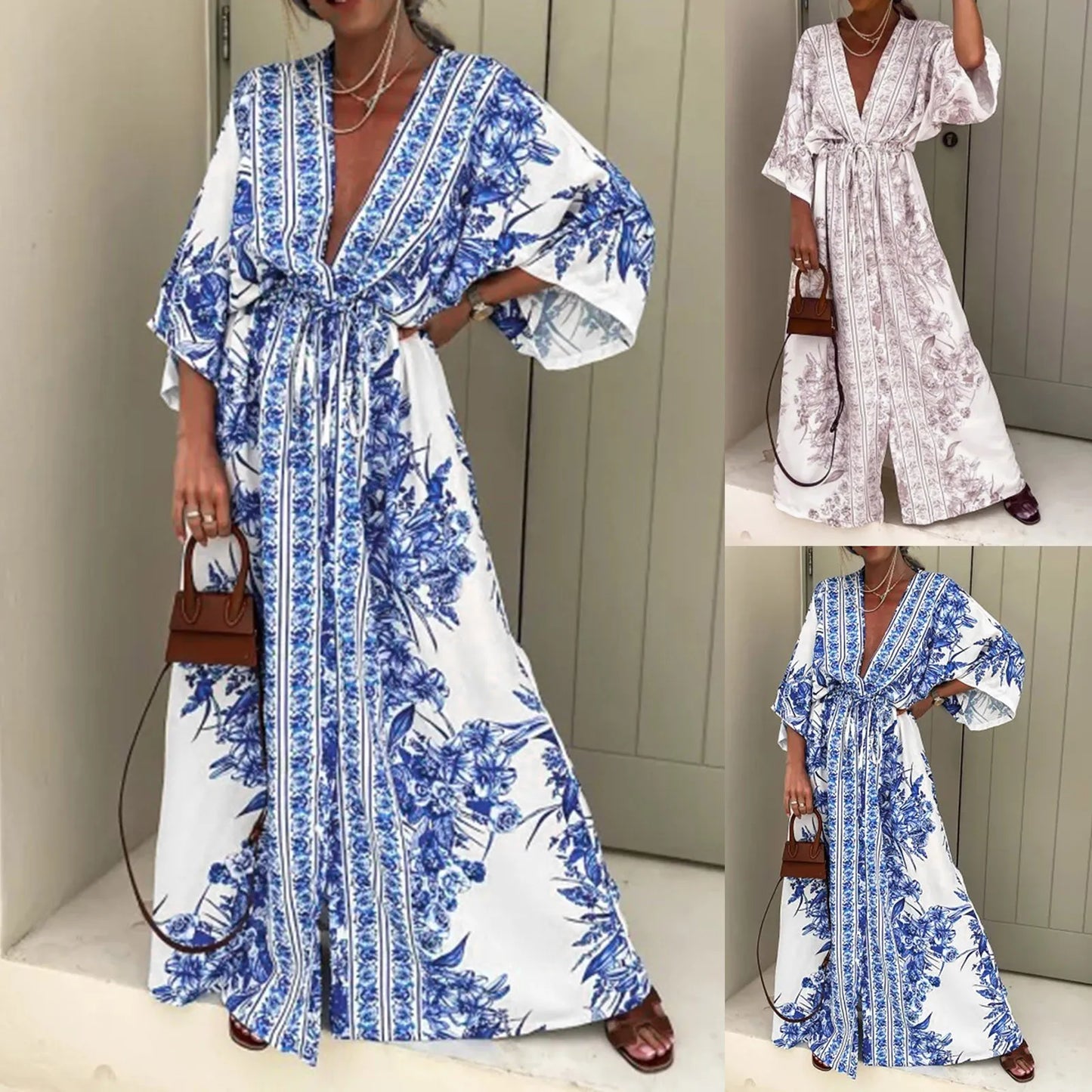 2024 Boho Print Half Sleeve Long Dress Women Fashion Japanese Kimono Lace-Up Robe Summer Sundress Holiday Beach Dress Vestidos