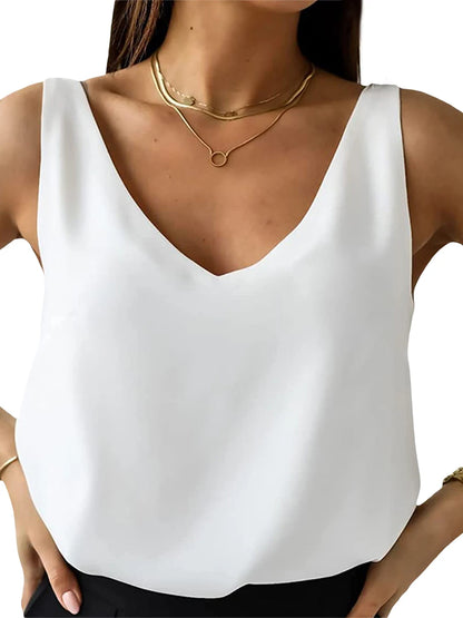 Women's Elegant Silk Satin V Neck Tube Tank Top Solid Sleeveless Camisole Blouse for Summer Basic Cami Tank T Shirt Streetwear