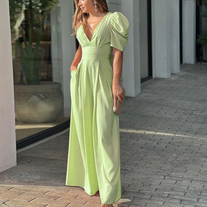 Women's Solid Color Short Sleeved Jumpsuit With V-neck Backless Waisted 2023 Elegant Casual Fashion Women's Wide Leg Jumpsuit