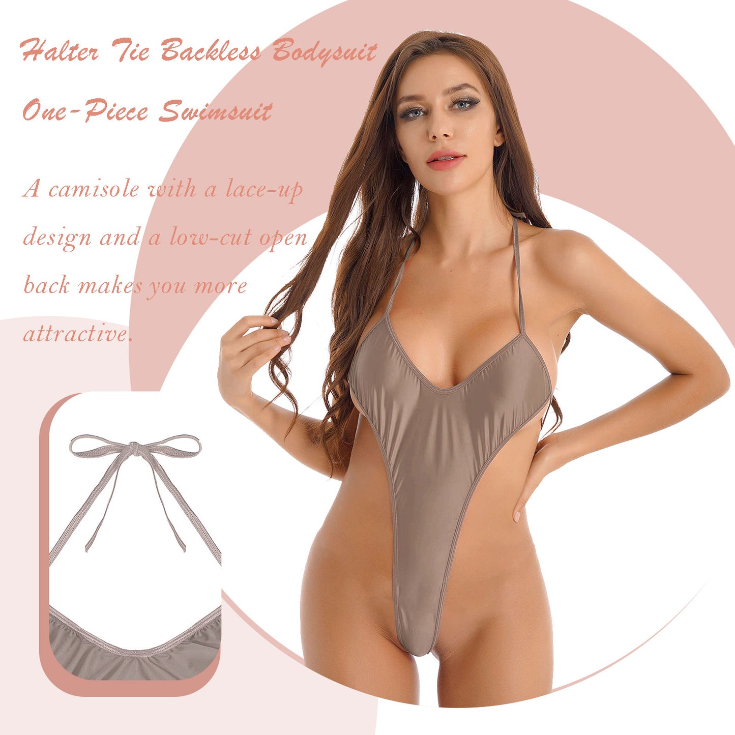 Women's Bikinis Glossy Monokini One Piece Bathing Suit Halter Lace-Up Thong Bodysuit Backless Teddy Babydoll Lingerie Nightwear