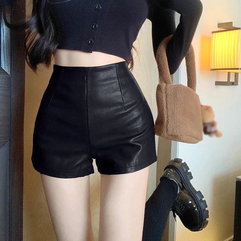 Leather Shorts Black Y2k Shorts Women's Spring and Summer High Waist Bag Hip Sexy Pu Leather Bottoming Elastic Tight Shorts