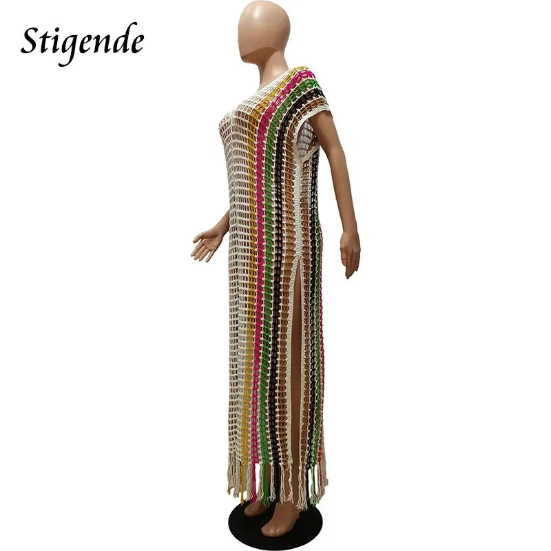 Sexy Side Split Hollow Out Tassels Dress Women Summer Knit Cover Up Swimwear Fashion Multi Color Patchwork Crochet Beach Dress