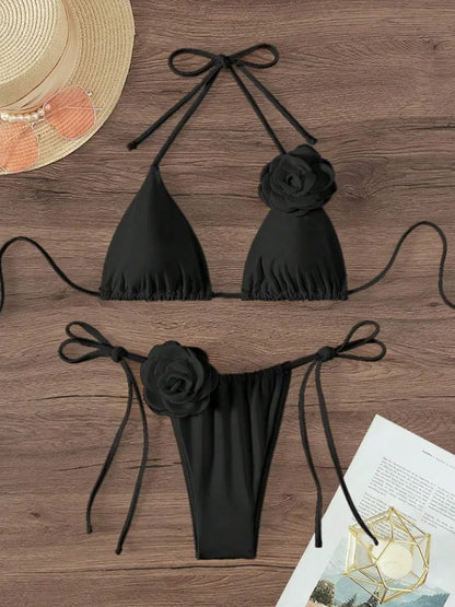 S - L Sexy 3D Flowers Halter Strappy Bikini Women Swimwear Female Swimsuit Two-pieces Bikini Set Bather Bathing Suit Swim