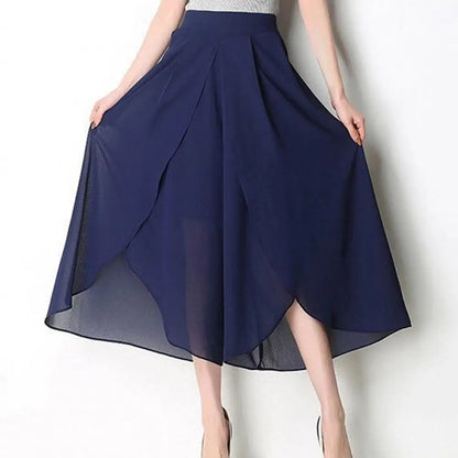 Women Skirt Pants See-through Chiffon Double Layers Split Hem High Elastic Waist Loose Wide Leg Mid-calf Length Cropped Pants