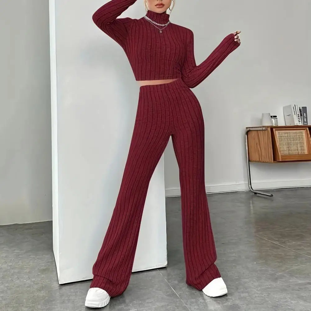 2Pcs/Set Women Knitting Outfit Turtleneck Long Sleeve Cropped Tops High Waist Flared Pants Slim Fit Ribbed Winter Outfit