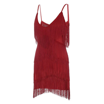 Women Sexy Tassel Latin Dress Tiered Fringe Flapper Dress Evening Nightclub Dancing Fancy Costumes C-Neck Dress For Women