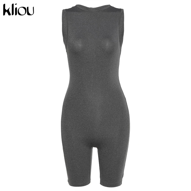 Kliou Zipper Rompers Women Summer Clothes Playsuits Sleeveless O-neck Solid Casual Body-Shaping Elastic Fitness Sporty Outfit