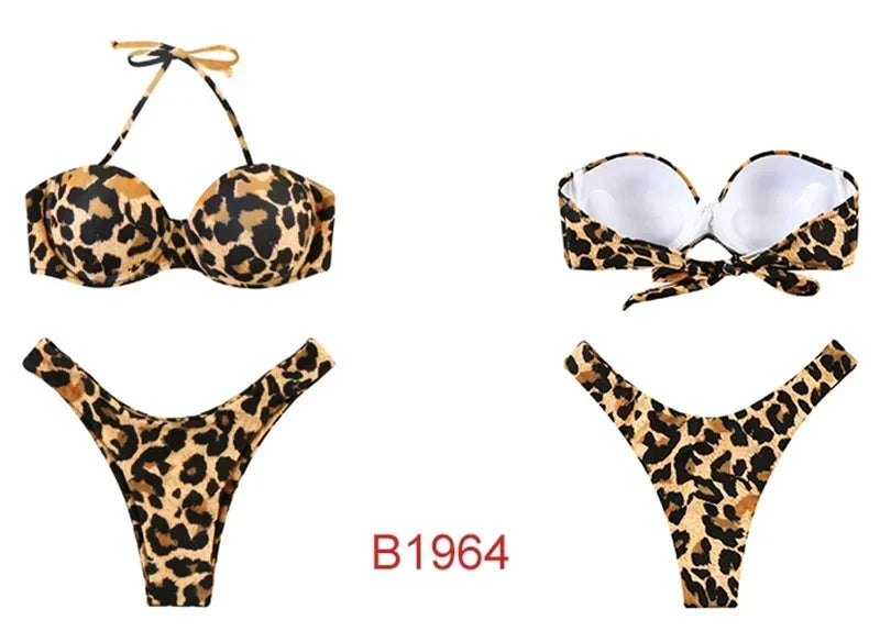 Sexy Women Bikini Swimsuit Push-up Bra Bikini Set Two Piece Swim Suit Swimwear Low-waisted Beachwear Leopard Bathing