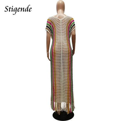 Sexy Side Split Hollow Out Tassels Dress Women Summer Knit Cover Up Swimwear Fashion Multi Color Patchwork Crochet Beach Dress